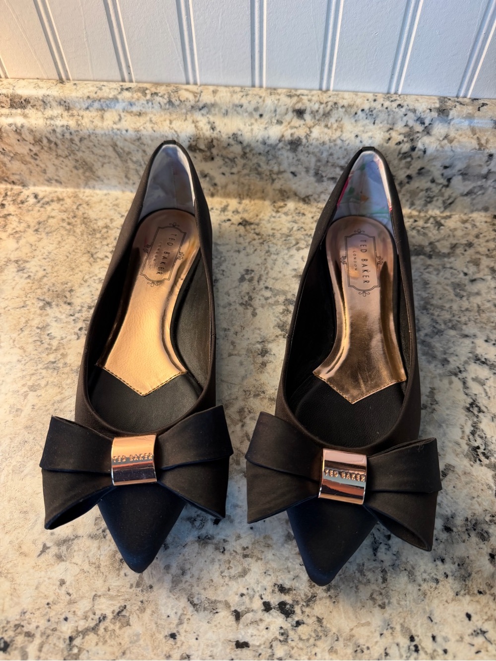 Ted Baker London Black Pointed Ballet Flats with Rose Gold Bow Accent Size 38